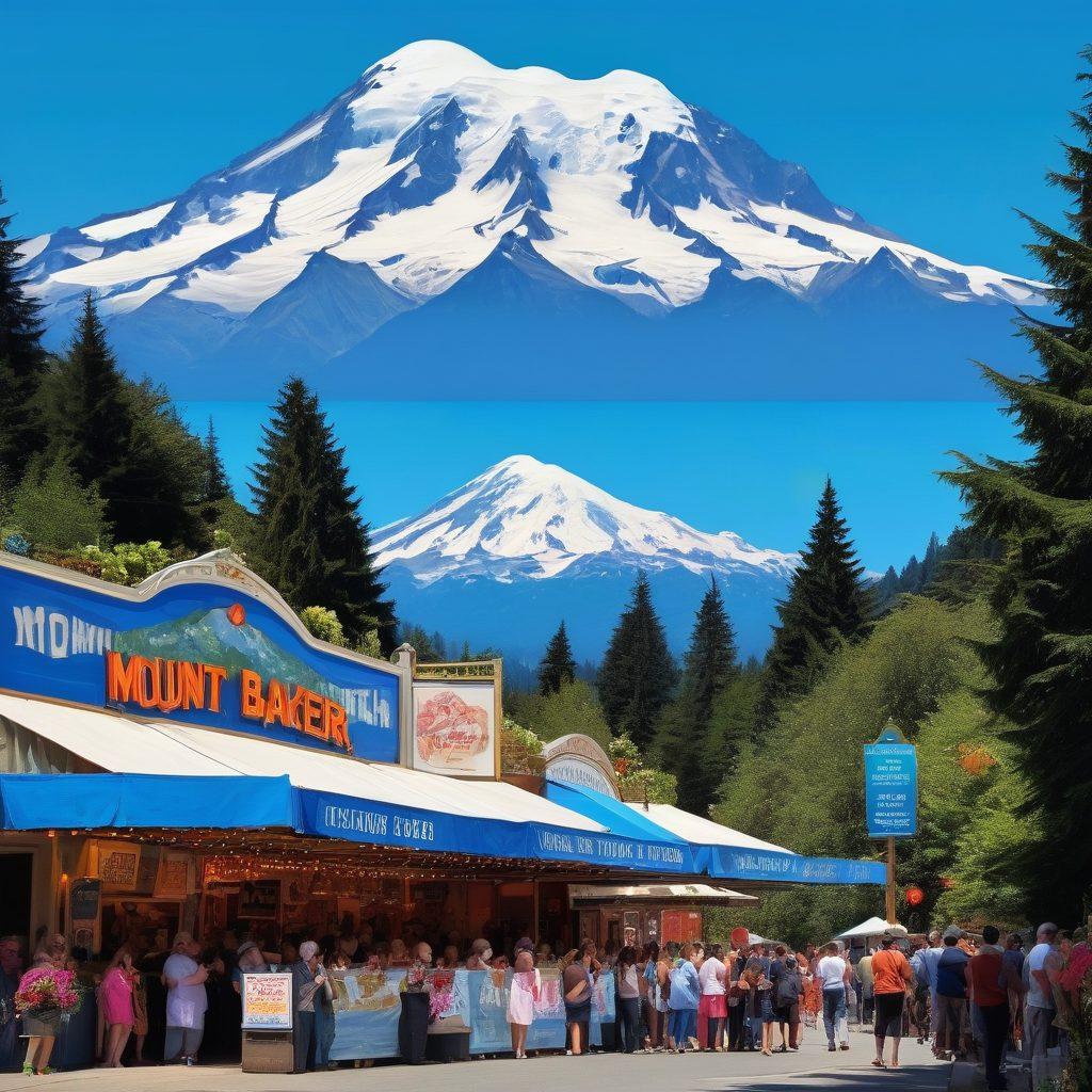 A picturesque scene of Mount Baker, showcasing its majestic snow-capped peak under a bright blue sky, with a lively theater in the foreground featuring a colorful marquee advertising concerts. Include diverse people enjoying outdoor performances and mingling. The scene should convey a sense of community and cultural vibrancy, with lush greenery and colorful flowers enhancing the atmosphere. vibrant colors. super-realistic.