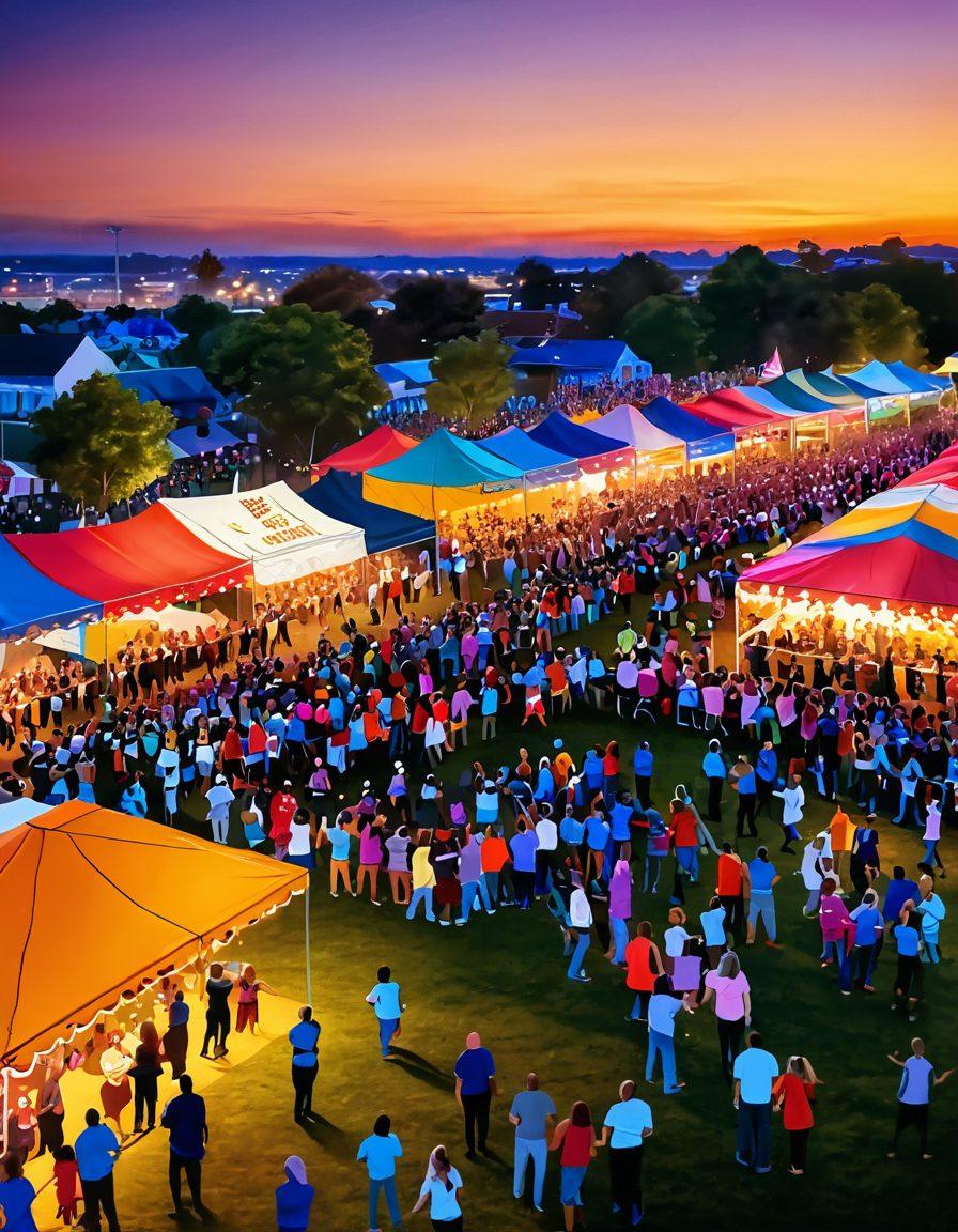 A colorful and lively scene showcasing a diverse crowd enjoying various community events like outdoor concerts, food festivals, and theatrical performances. Capture the excitement with people of all ages laughing, dancing, and engaging in activities. Include banners, food stalls, and a beautiful sunset in the background. bright and energetic. vibrant colors. 3D.