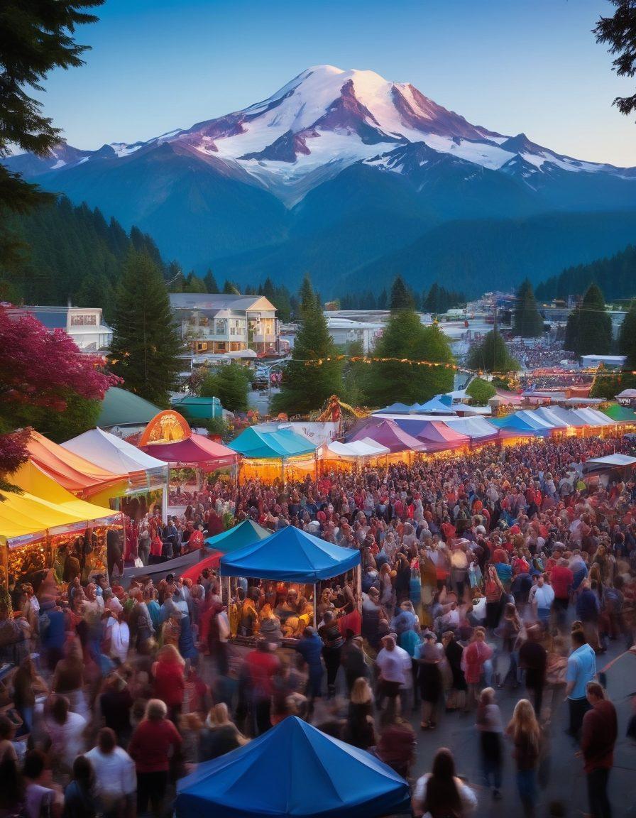 A vibrant montage showcasing the Mount Baker region filled with lively local performances and events. Include an outdoor concert with a diverse crowd, colorful banners, and a backdrop of lush mountains. Incorporate elements like street performers and food stalls to evoke a festive atmosphere. The scene should exude energy and excitement with dynamic lighting and engaging characters. vibrant colors. super-realistic.